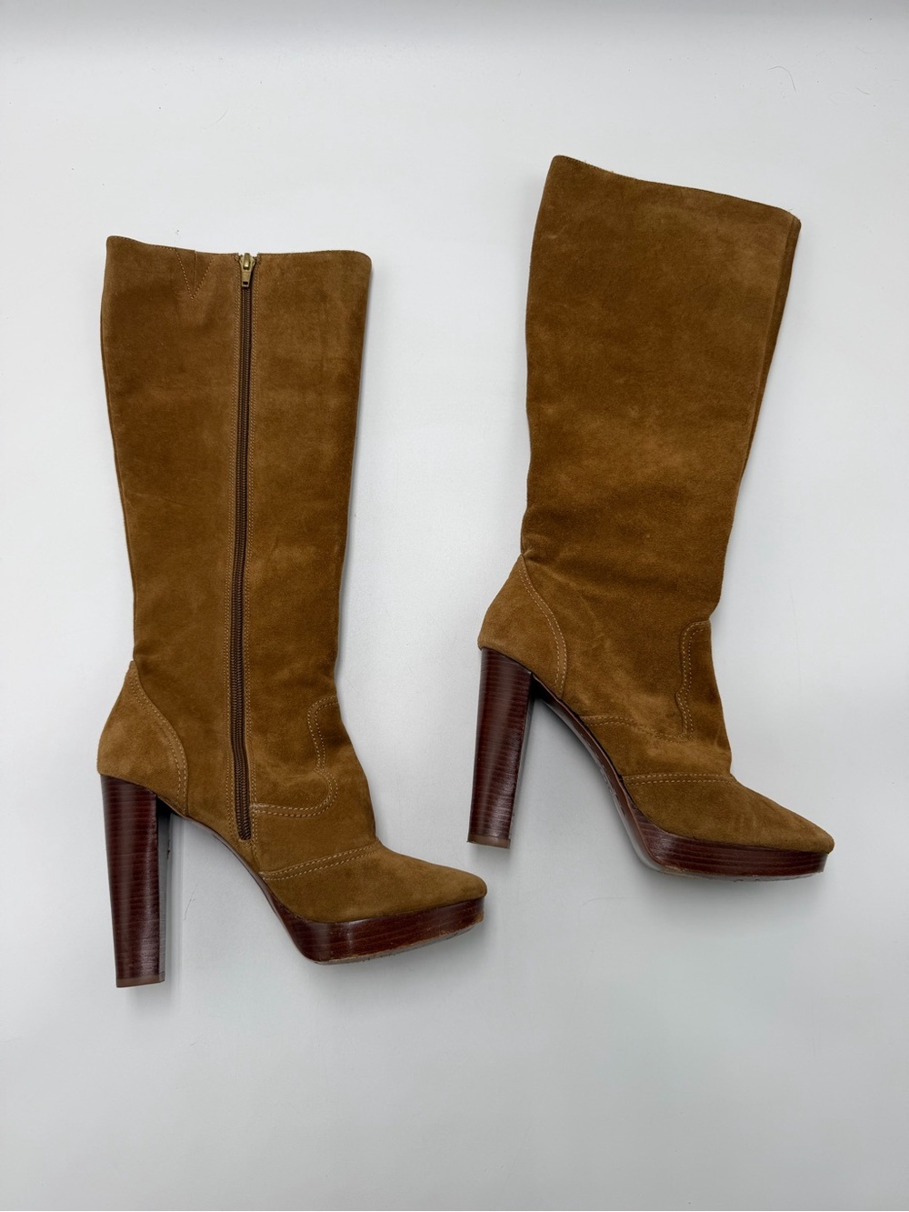 Vintage Michael Kors Suede Knee High Boots Tan Leather Platform Heels 7.5 M